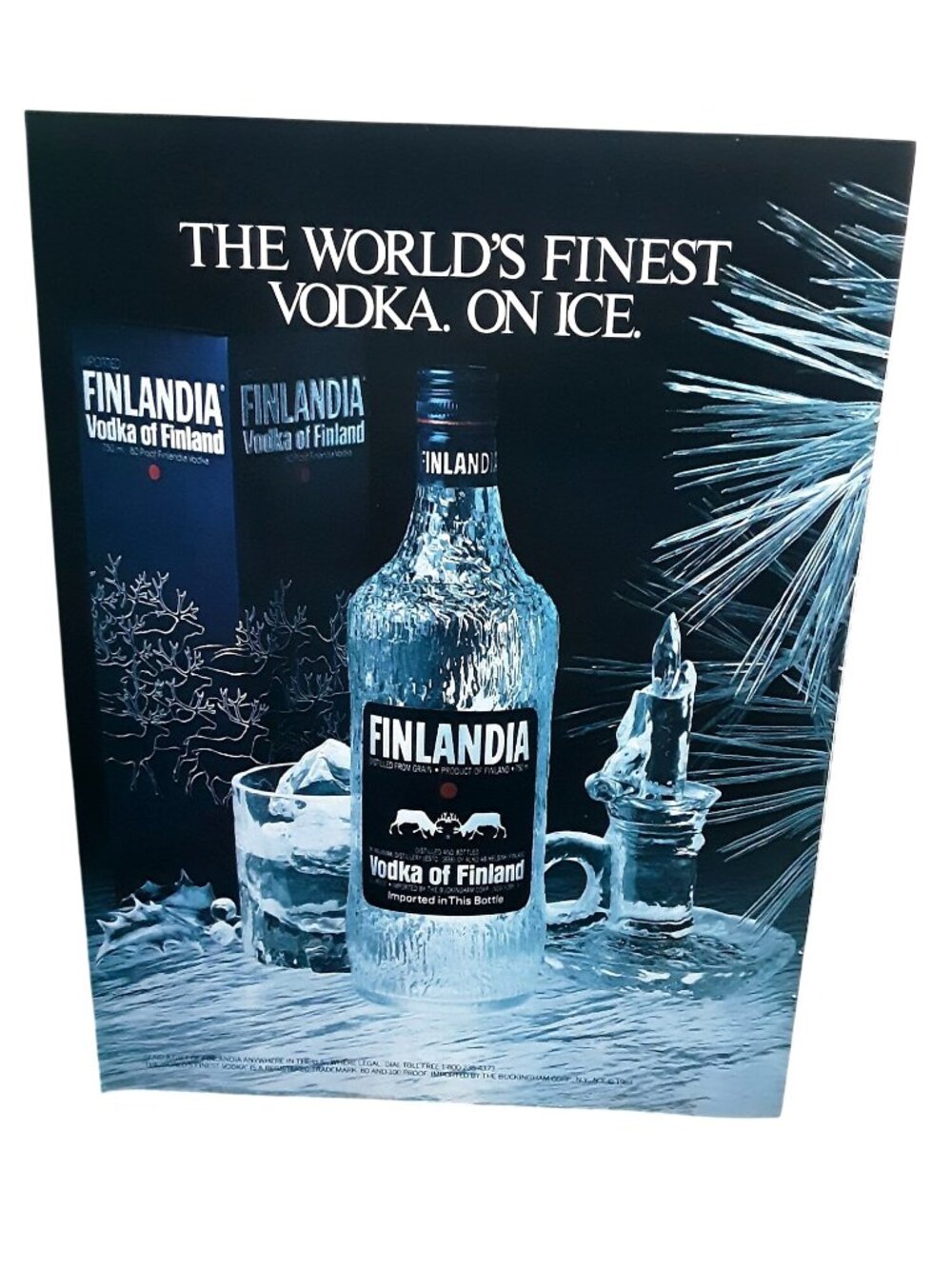 1984 Finlandia Vodka Ad On Ice Bottle Winter Scene Vintage Print